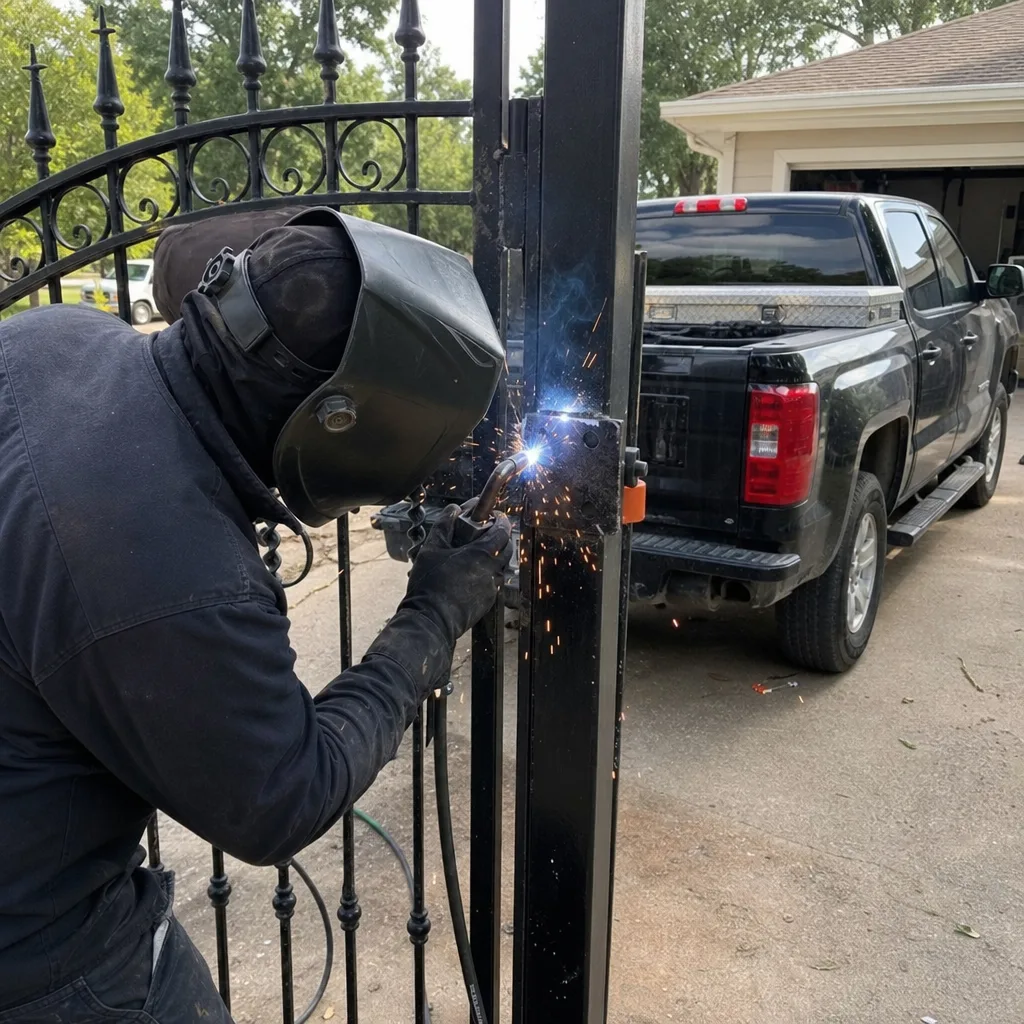 Professional welder performing iron gate repair service