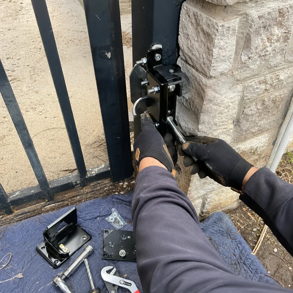 Technician repairing a metal driveway gate latch using professional tools